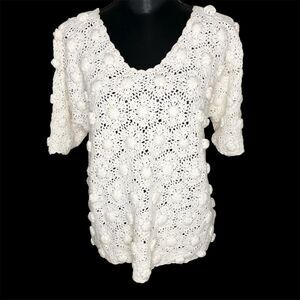 Rosanna Sweater Vintage Short Sleeve Crochet Bobble Pompom Knit Cream Size Large